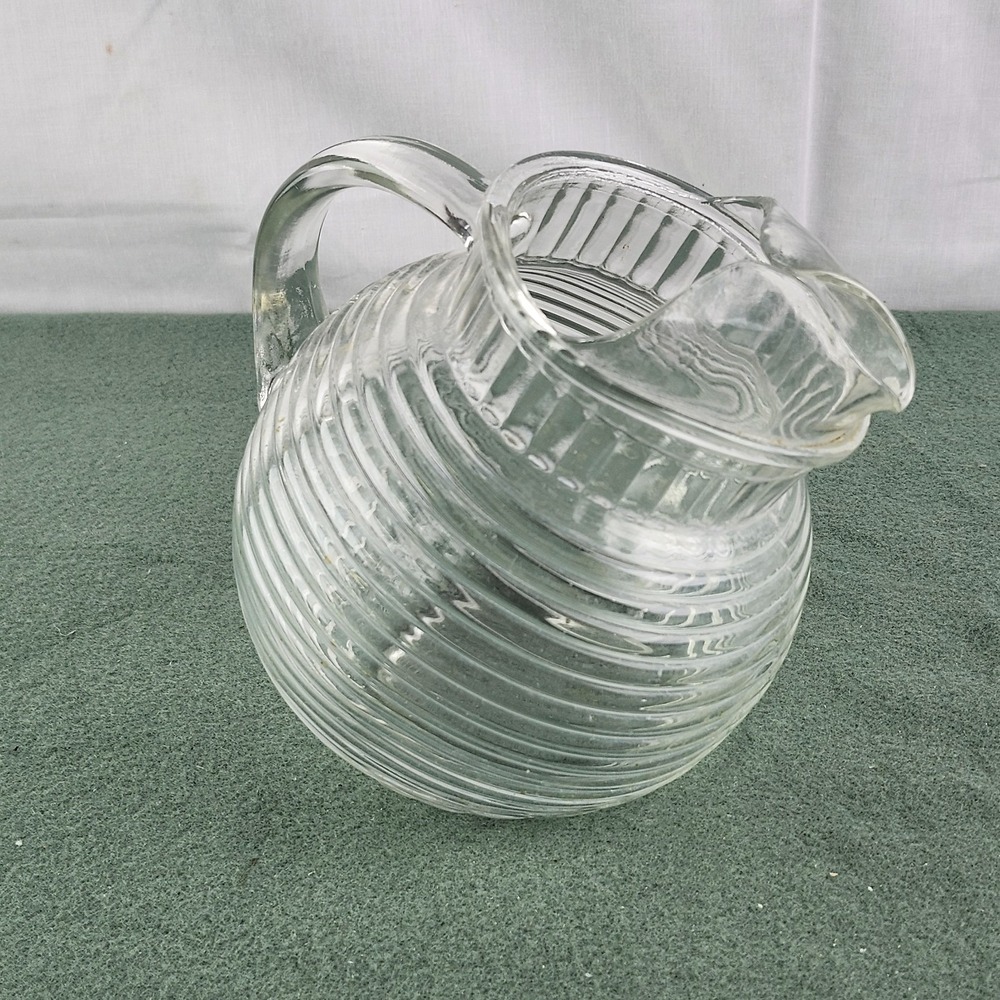 Vintage Anchor Hocking Manhattan Clear‎ Glass Ribbed Ball Jug Pitcher Ice Guard